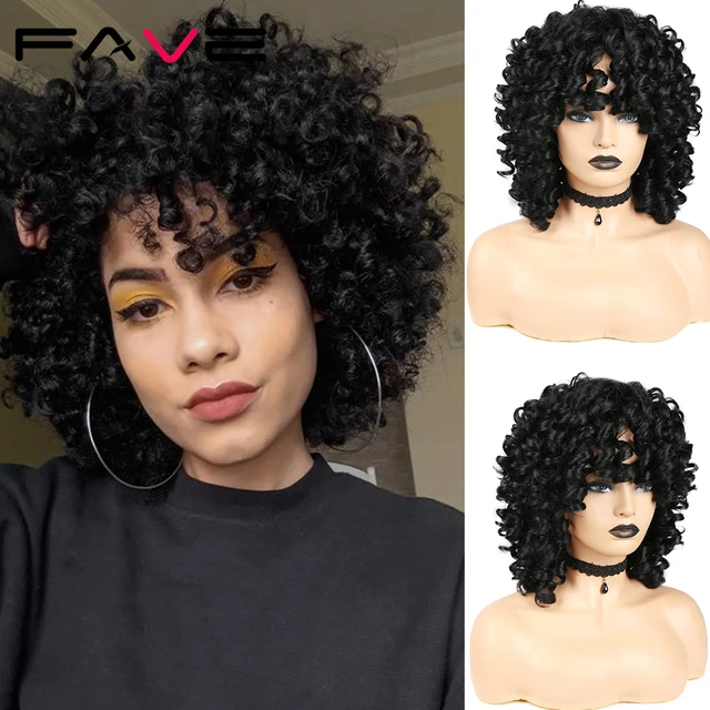 FAVE Afro Kinky Curly Wig With Bangs Black Red Synthetic Hair Shoulder LengthHeat Resistant Fiber For Africa America Black Women Natural Color