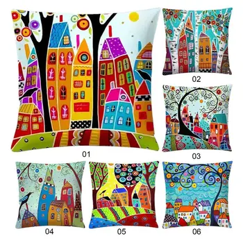 

Cartoon Art Painting Colorful Tree House Printed Pillow Cover Abstract Pictures Peach Skin Cushion Case 45x45cm