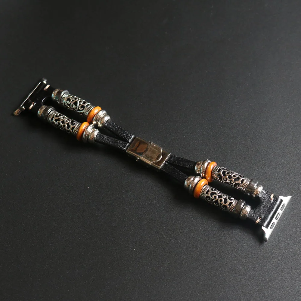Ретро Ювелирный Браслет для Apple Watch Band Series 5 4 3 ручной работы бусы кожаный ремешок для iWatch 40 мм 44 мм 38 мм 42 мм наручный ремень - Цвет ремешка: Black