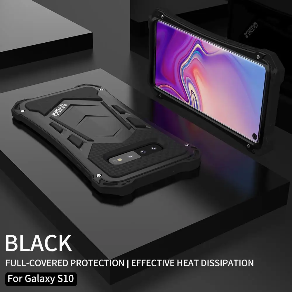 R-Just бронированный элемент Дизайн чехол для samsung Galaxy S10 S10 Plus алюминиевый силиконовый военный, повышенная нагрузка чехлы для телефонов - Цвет: Black