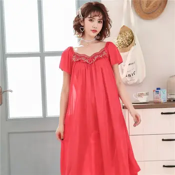 

Women Plus Size Imitation Silk Loose Nightdress Short Sleeve Ruffles Solid Color Nightgown Bowknot Lace Mother Sleepwear