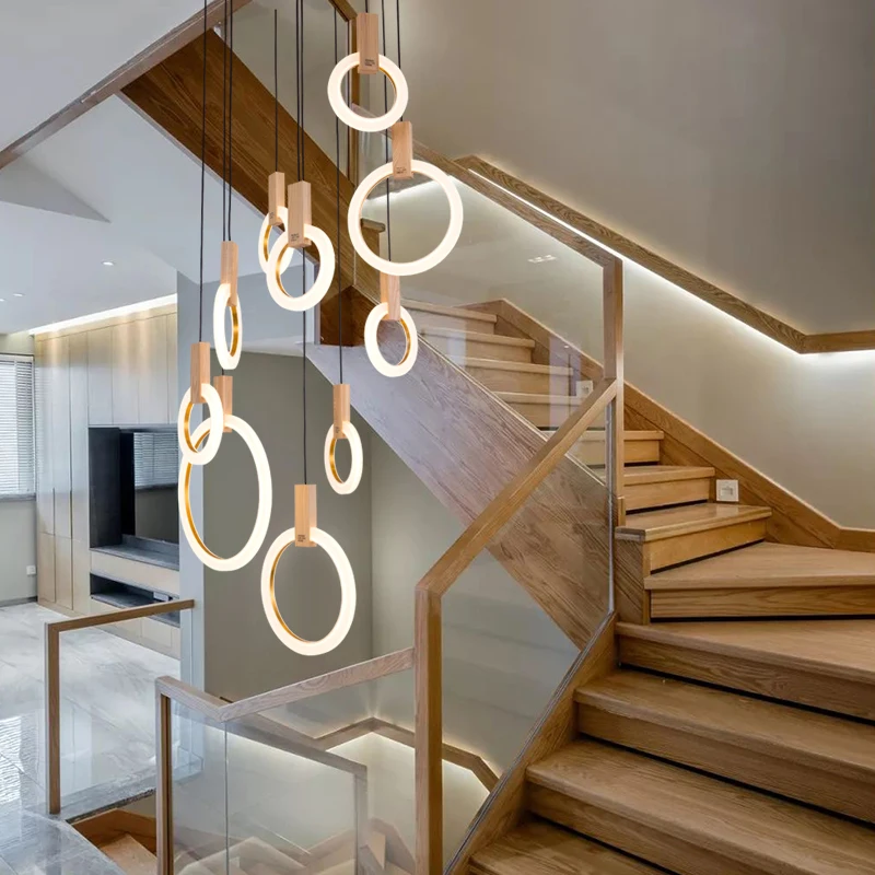 Современный светодиодный потолочный светильник для гостиной, Деревянный светильник, акриловые кольцевые светильники, подвесные светильники для лестницы, подвесные светильники для столовой