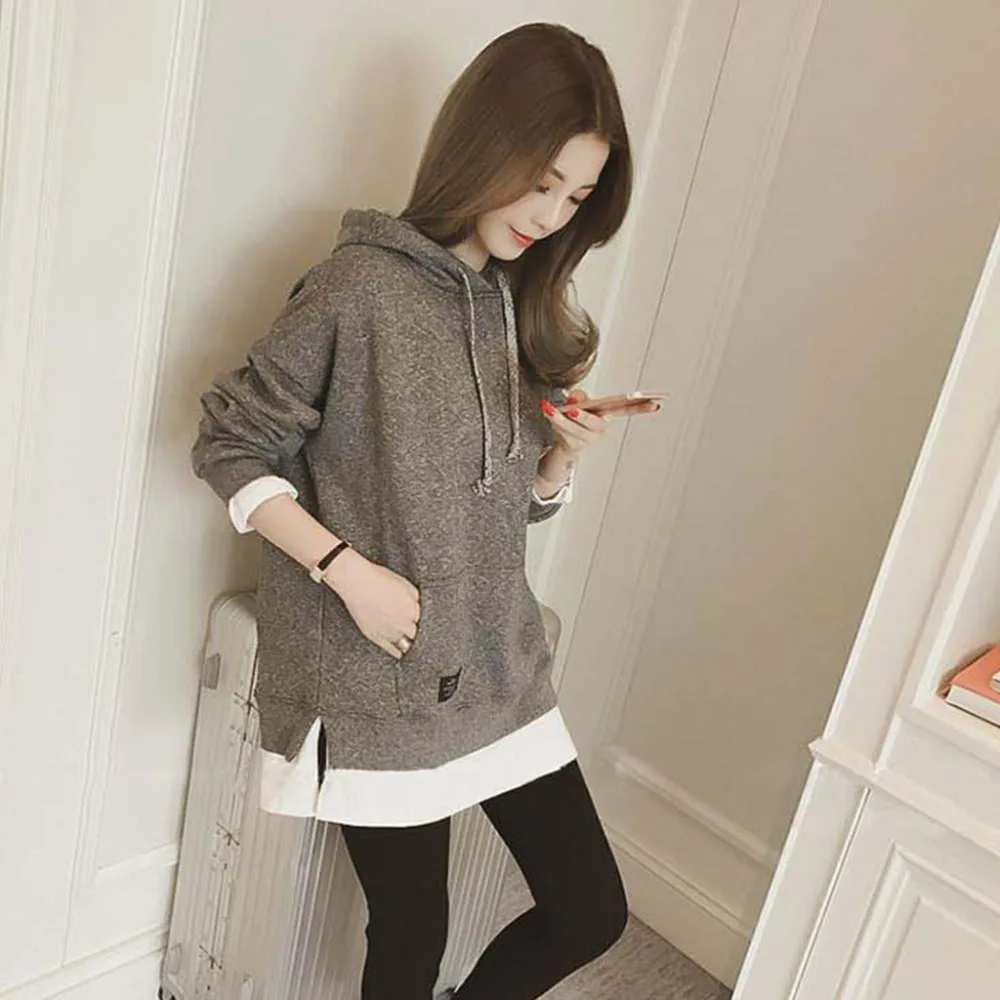 Толстовки для женщин Лоскутная поддельная двойка Повседневная pull a capuche femme sweat a capuche пуловер с длинными рукавами Осень J30