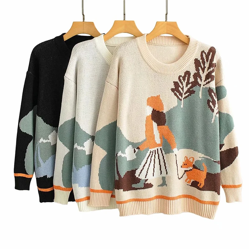 

Women's Oversize Sweater Cartoon Pattern Jacquard Long Sleeve Knitted Pullovers Christmas Style Knitwear Girls Black Knitted Top