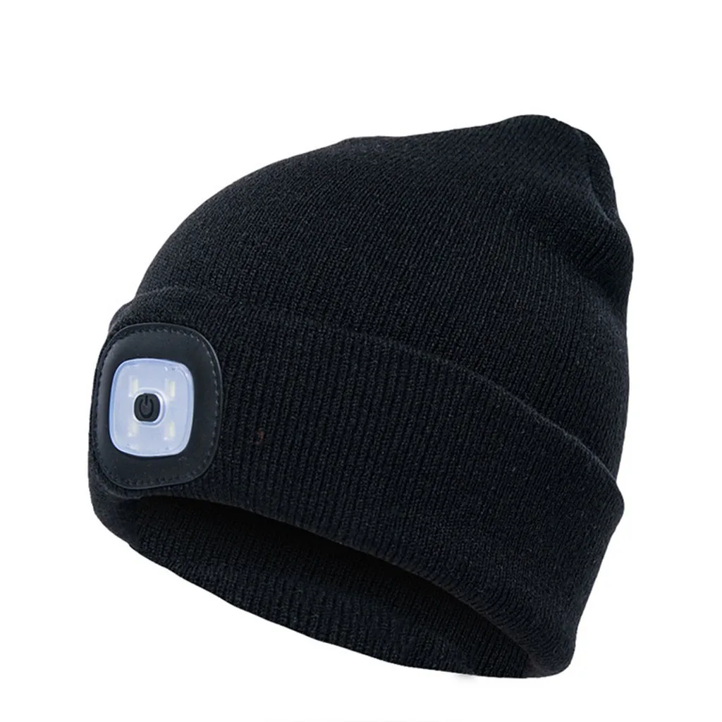 BK USB Rechargeable LED Knit Hat Headlights Light-up Beanie Warm Cap Gifts Mini Portable Knitted Hat Headlamp Night Fishing - Испускаемый цвет: BK