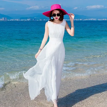 

Very tall waist silk pure color fairy dress cultivate morality Bohemia mulberry silk beach dress seaside holiday travel