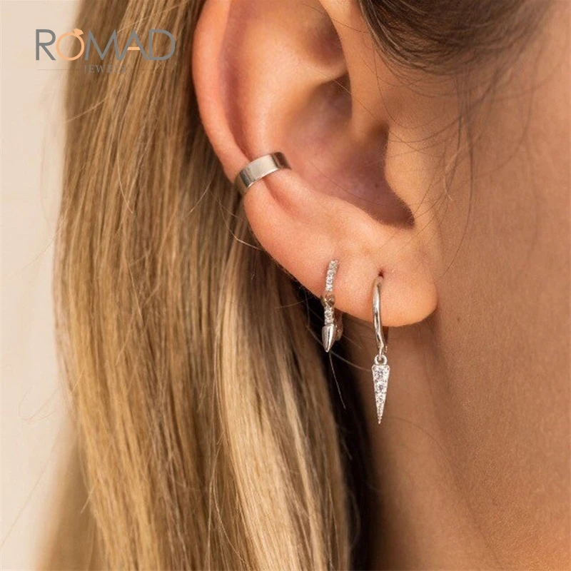 

925 Sterling silver Earrings Geometry Small Hoop Earrings For Women Personality Trend Push-back Triangle Earrings Brincos R40