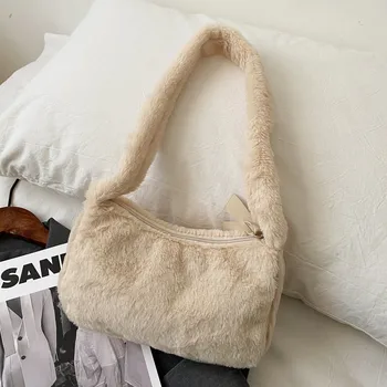 

Winter Soft Plush Shoulder Bags For Women 2020 Solid Color Underarm Bags Female Crossbody Soft Warm Fluffy Totes