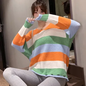 

Korean Style Sweet Striped Sweater Autumn Women Rainbow Striped Long Sleeve Kawaii Loose Pullover Warm Jumpers
