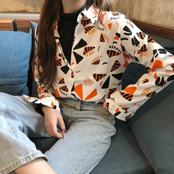 

2020 Spring WOMEN'S Dress New Style Long Sleeve Loose-Fit Hong Kong Flavor Retro Shirt Women's Fashion Printed Shirt 7043