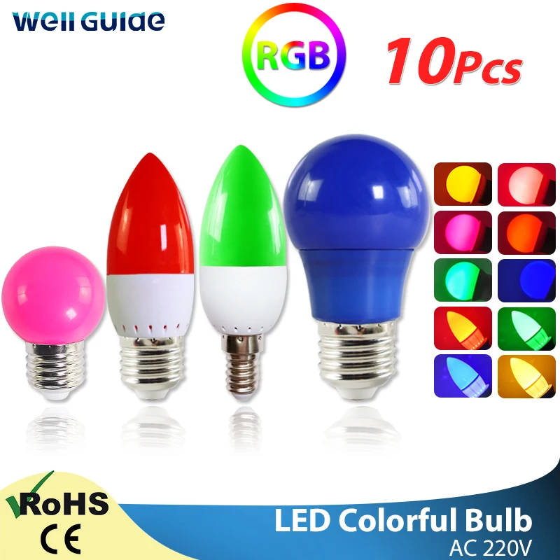 10pcs Led Bulb E27 E14 3W 5W 7W LED Lamp RGB A60 A50 G45 C35 Colorful candle Light SMD 2835 AC 220V 240V led Flashlight | Лампы и