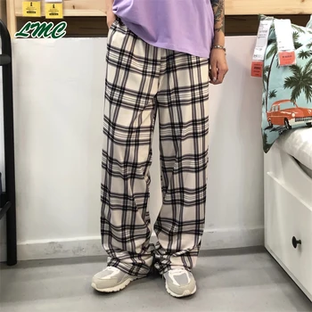 

LMC/Women's casual pants Summer 2020 new Harajuku style loose and thin lattice straight wide-leg pants Trousers student