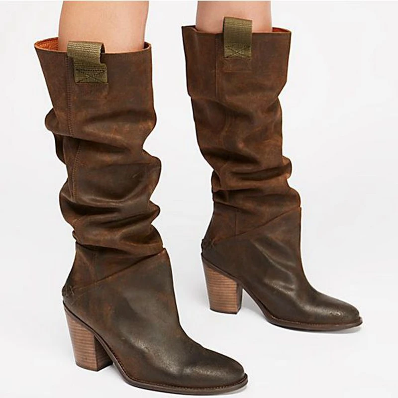 PUIMENTIUA/женские модные ботинки на платформе ботинки до середины икры Женская Повседневная теплая зимняя обувь без застежки на низком каблуке, большие размеры - Цвет: Brown