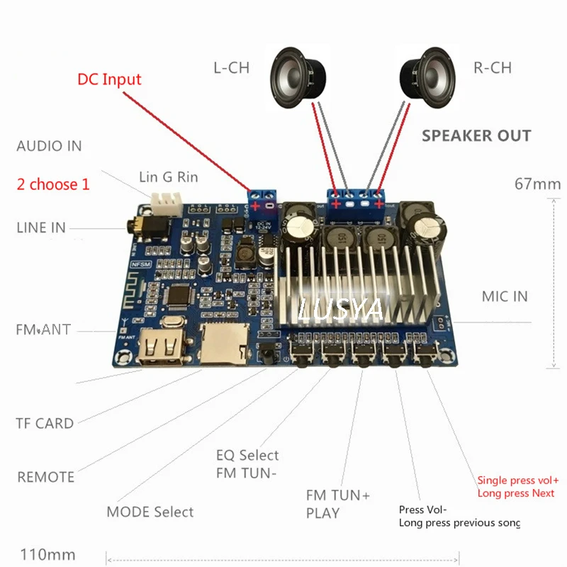 Lusya TPA3116D2 Bluetooth 5,0 Плата усилителя приема 50 Вт* 2 fm-радио USB декодирование WMA MP3 F5-001