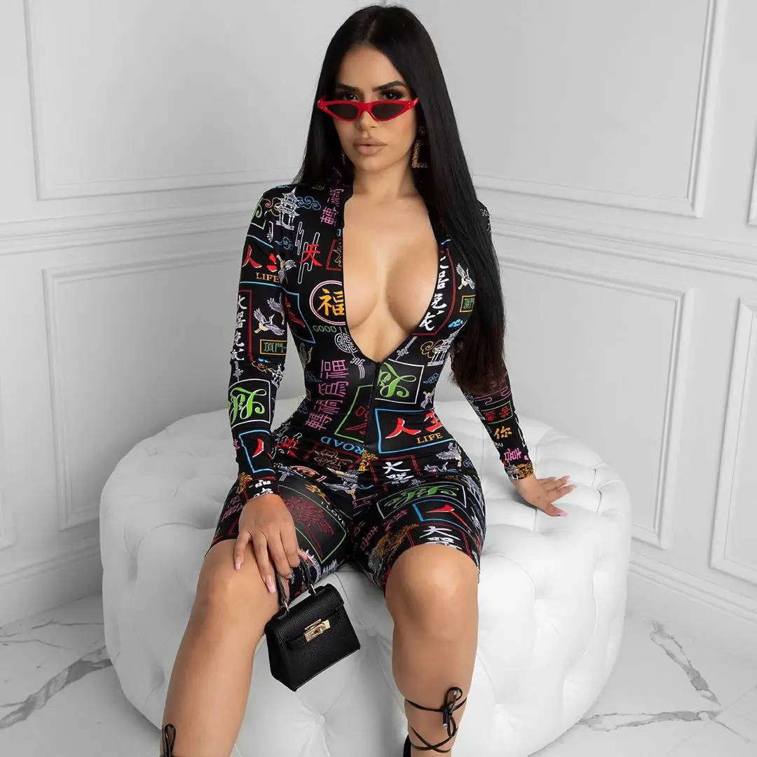 ANJAMANOR Sexy Print Rompers Womens Fashion Spandex One Piece Bodycon Jumpsuit Club Outfits 2020 Clothes for Women D35-AD22