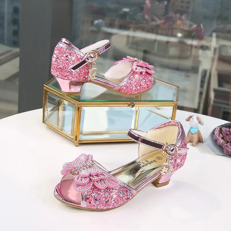 Children Sandals For Girls Weddings Girls Sandals Crystal High Heel Shoes Banquet Pink Gold Blue Glitter Leather Shoes Butterfly