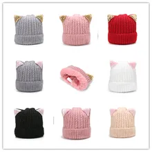 Цветная Кепка с рисунком для новорожденных; шапка с кошачьими ушками для малышей; детская вязаная шерстяная шапка для мальчиков и девочек; Осенняя Кепка