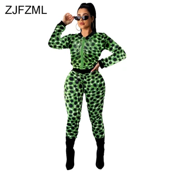

Black Green Polka Dot Print Two Piece Tracksuit Women Clothes Zipper Up Full Sleeve Coat and Bandage Pant Vintage Matching Sets