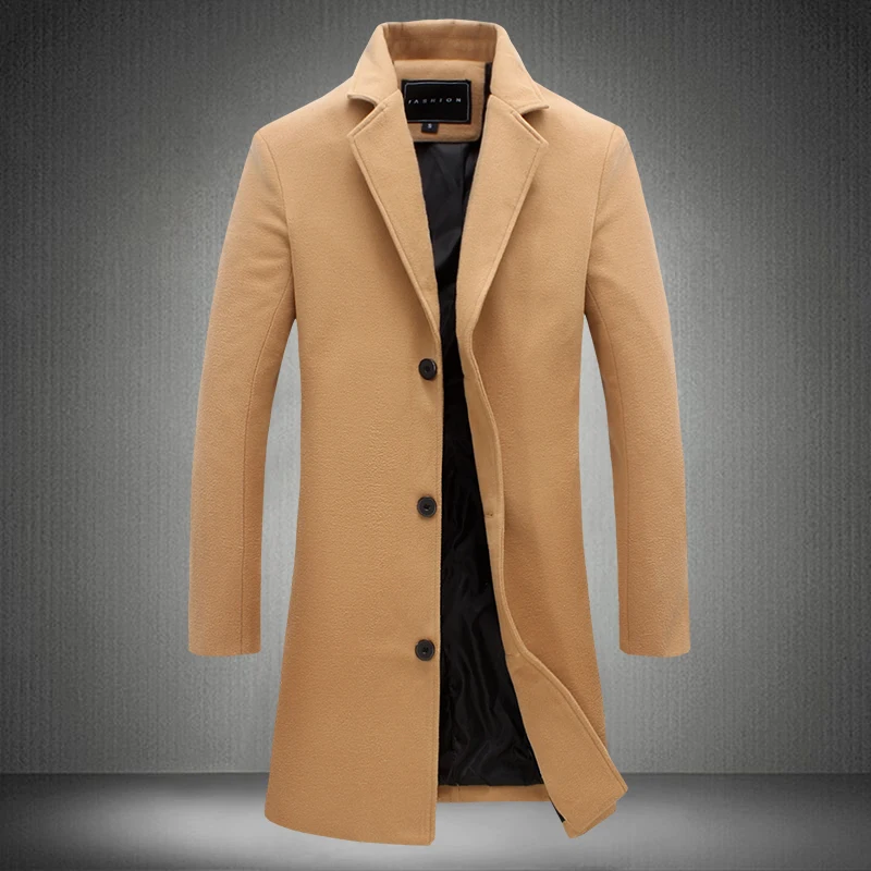 2019 Autumn and Winter New Mens Solid Color Casual Business Woolen Coats / High-end Brand Slim Long Coat Male Jacket | Мужская одежда
