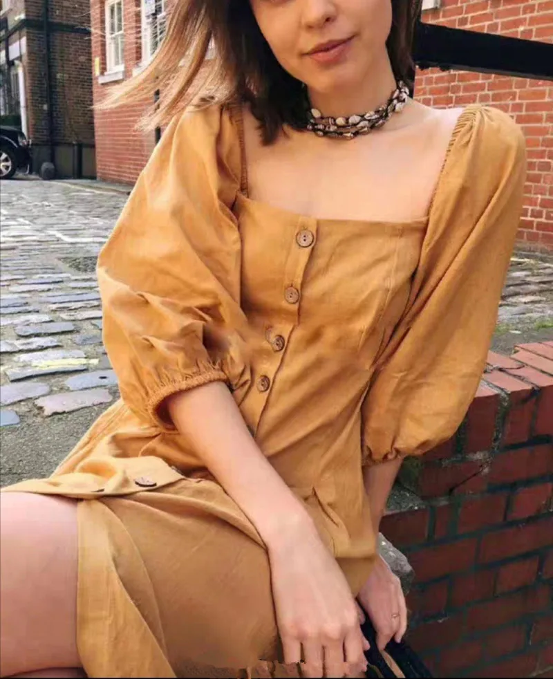 

Cotton And Linen Dress Square Collar Slim Waist Retro French Style Lanterns Sleeves Single Breasted Long Dress