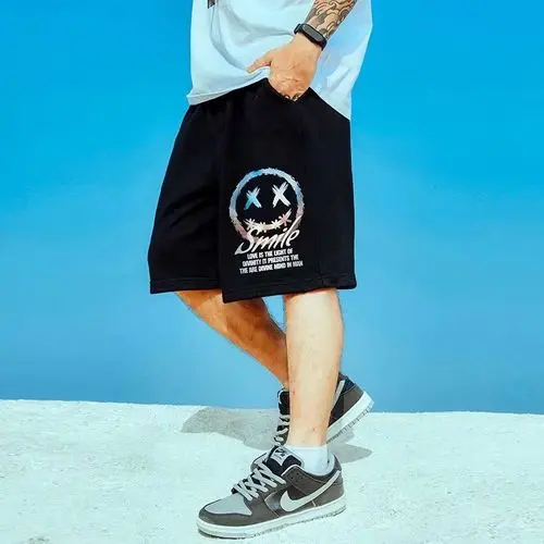 HMZ 2021 Summer New Drawstring Smiley Print Shorts Men Casual Jogger Sweathshorts Plus Size Workout Gym Shorts Streetwear Men smart casual shorts mens Casual Shorts