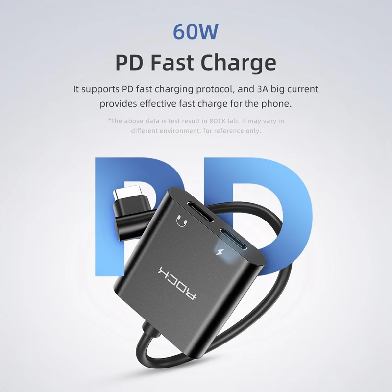 ROCK 2 в 1 двойной разъем type-C адаптер 60 Вт PD 3A Быстрая зарядка USB C наушники Aux разделитель для аудиокабеля конвертер для мобильных телефонов