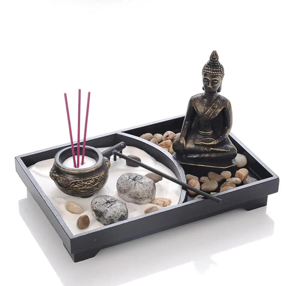 

Buddha Statue Zen Garden Sand Meditation Peaceful Relax Decoration Set Spiritual Buddha Incense Burner Feng Shui Decor