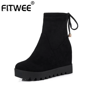 

FITWEE Ankle Boots For Women Winter Thick Bottom Wedges Platform Shoes Women Lace Up Stretch Footwear Short Boots Size 31-43