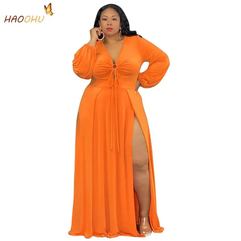 HAOOHU Sexy Split Hollow Lace Plus Size Dress Fall Women's Clothing 2023 Casual Fashion Long Sleeve Floor Dresses Solid Color haoohu plus size sexy dress fall women s clothing pit strip solid long sleeve zipper stand collar stretch urban casual large 5xl