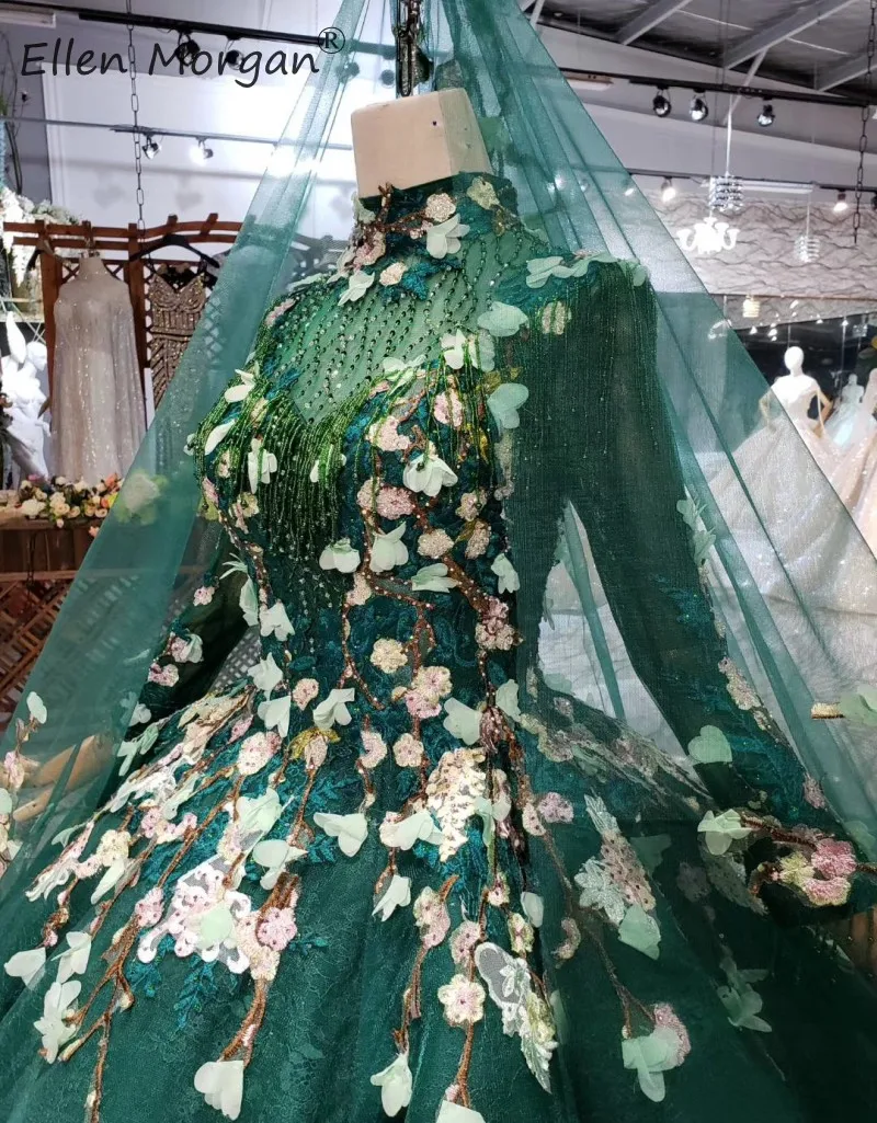Темно-зеленый мусульманское свадебное платье Винтаж 2019 кружевное платье с длинными рукавами с высоким воротом без аппликация вуали с
