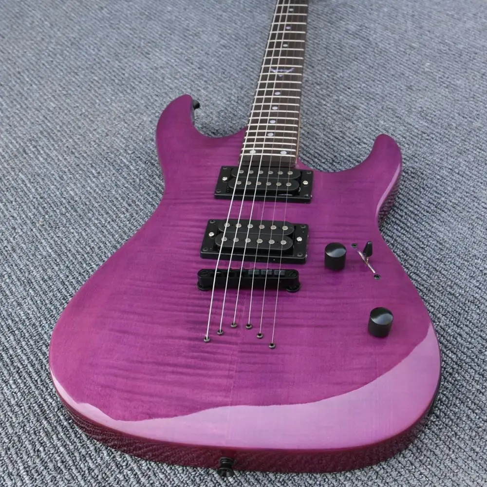

Purple color flamed maple top guitar guitarra string through body design black hardware bolt on neck electric guitar