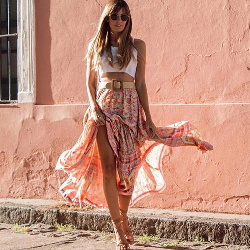 KHALEE YOSE/розовые летние Boho макси юбки с цветочным принтом пляжные для женщин