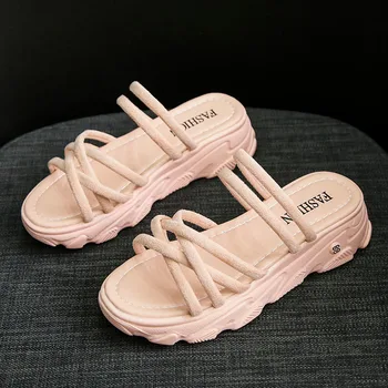 

Ladiescasual sandals summer lazy one pedal womenshoes thick bottom comfortable soft pink fashion trend outdoor beach flat bottom