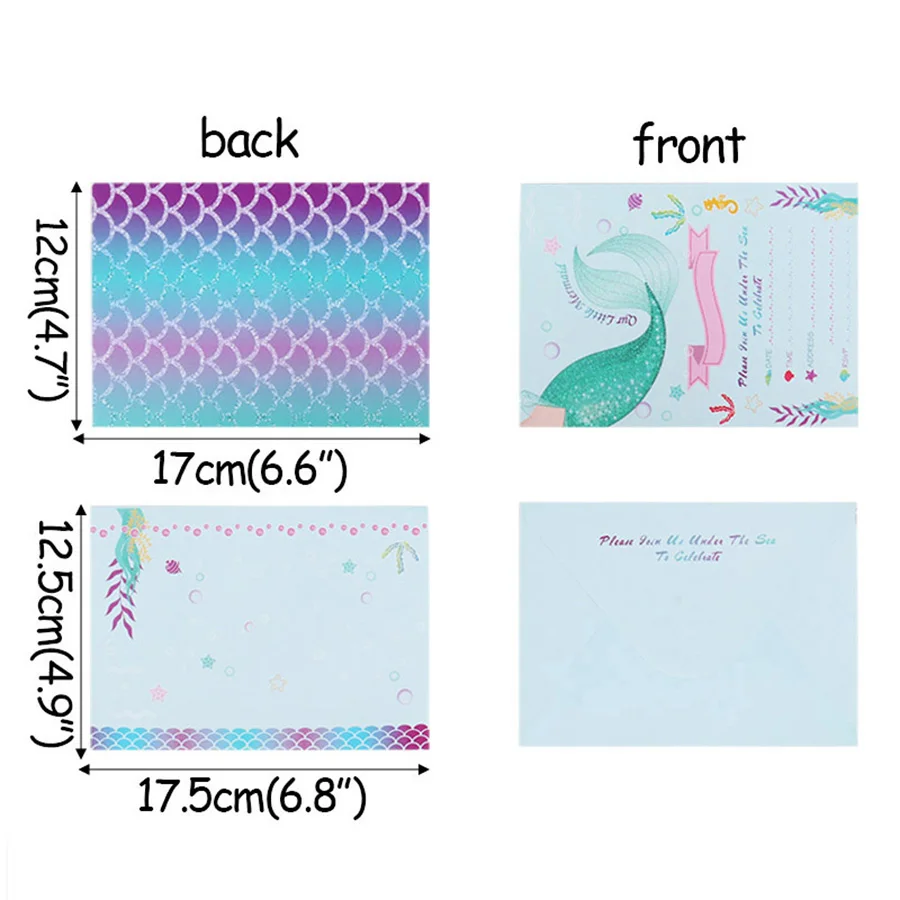  24pcs Little Mermaid Birthday Party Invitation Cards with Envelopes Baby Shower Wedding Decorations - 4000329229250