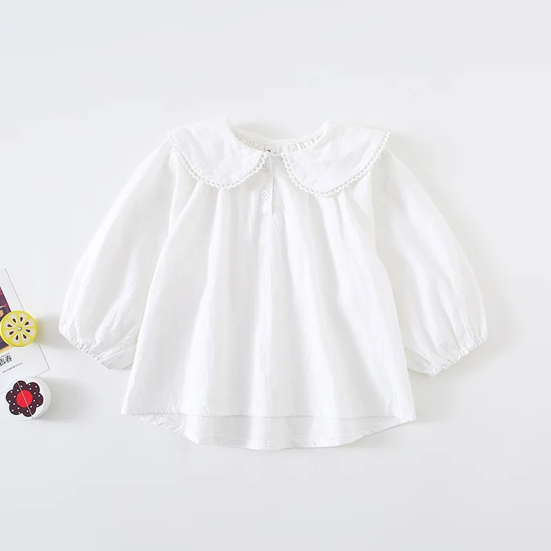 

2019 Autumn New Arrival Korean style cotton pure color long sleeve princess all-match shirt with lace collar for cute sweet girl