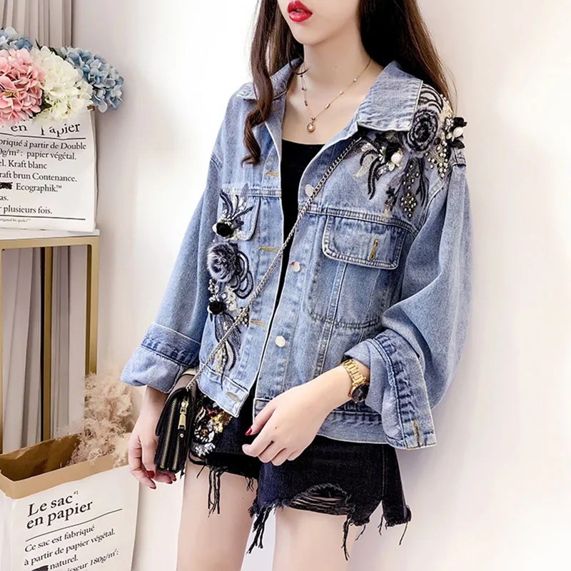 

Autumn 2020 New 3D Flower embroidery Heavy work Beaded Jean jacket Streetwear Long sleeve Casual Female Washed Blue Denim jacket