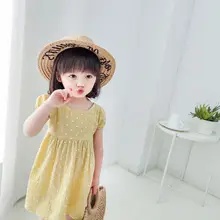 Новые Детские хлопок короткий рукав платье для весны и лета, для маленьких девочек с низким вырезом на спине желтый вейвлет принцессы с узором в горошек; детское платье; розничная ; платья