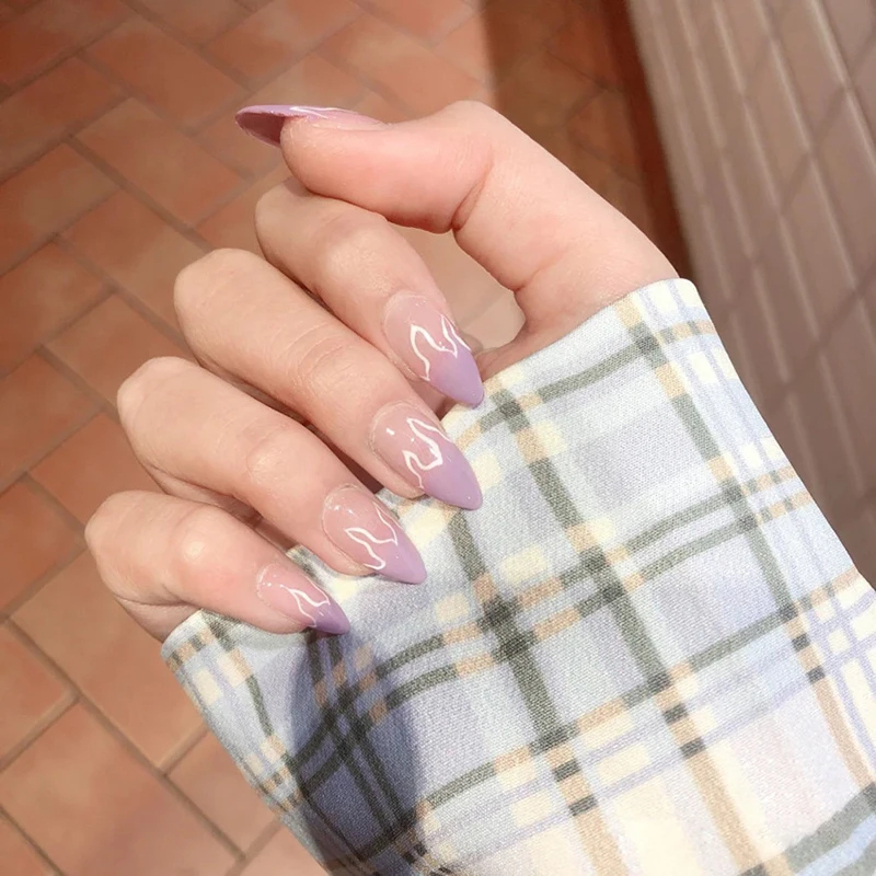 

24pcs False Nails with Glue French Fake Nails Press on Nails Flame Artifical Nails Clear Nail Tips Nail Art Tools for Cool Girls