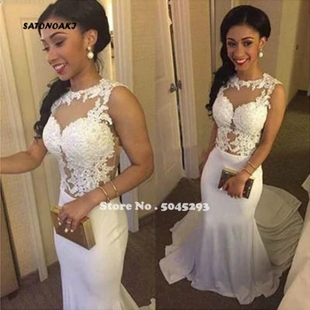 

SATONOAKI 2020 Wedding Dress Appliques Lace Mermaid Wedding Gown with Train White / Ivory Backless Beach Bride Dresses