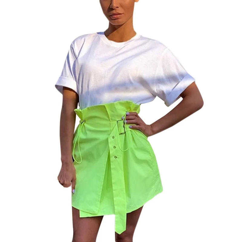 

Hot Autumn New Solid Fluorescent Color A-Line Skirts Women Stitching High Waist Skirts Lace-Up Sashes Mini Skirt Ladies