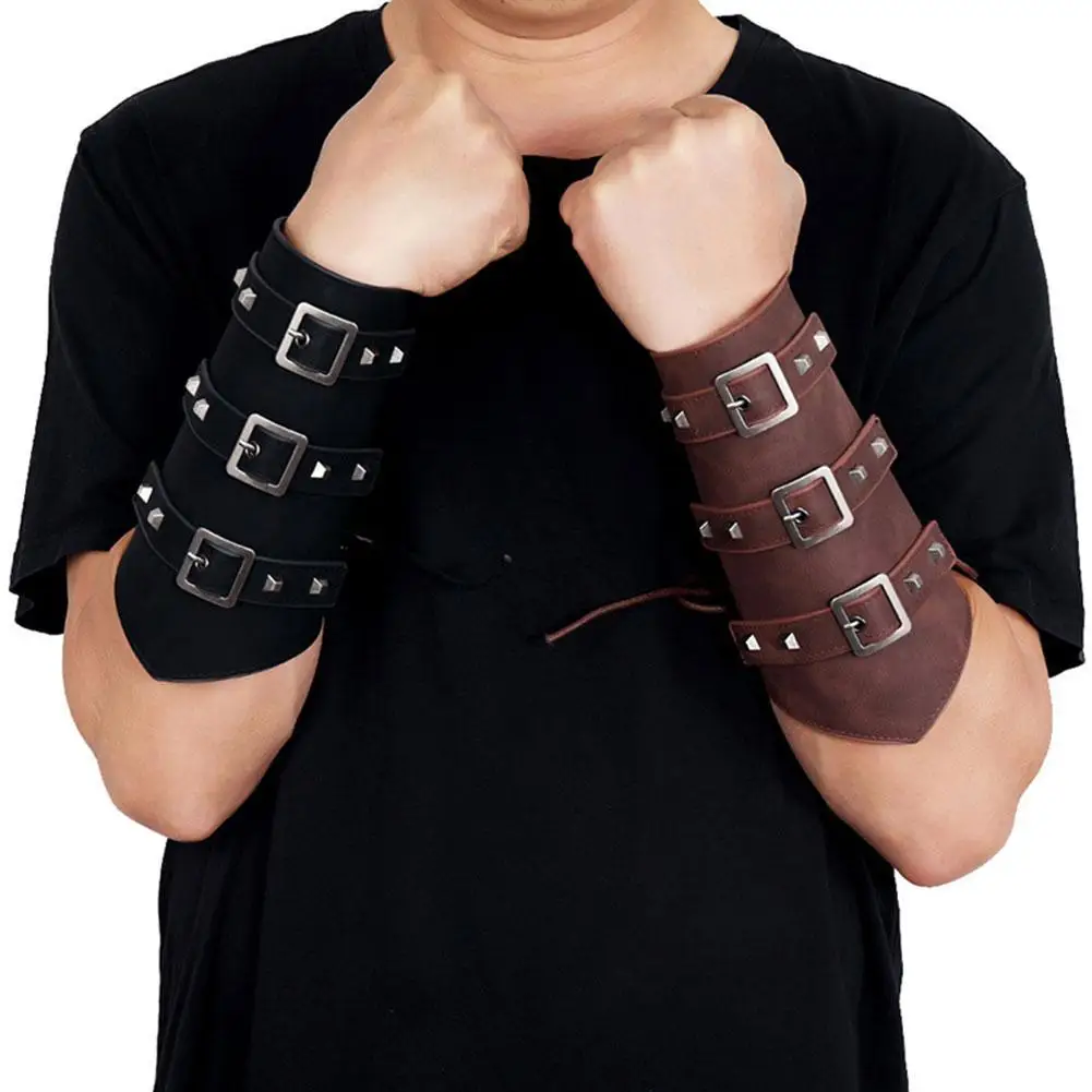 1Pc Men Medieval Cosplay Leather Armor Arm Warmers Lace-Up Viking Pirate Knight Gauntlet Wristband Bracer Steam punk Accessories