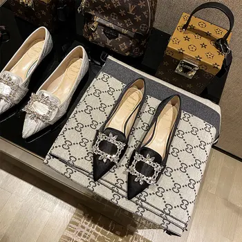 

The new spring 2020 water-dyed sheepskin silk satin rhinestone square buckle single shoe for women versatile cover foot flat poi