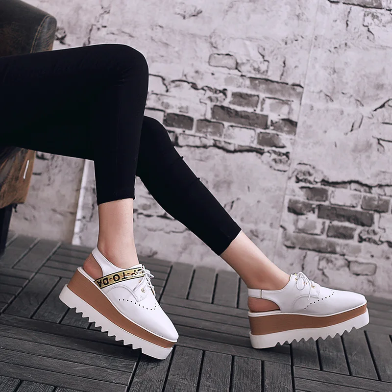 

2019 Spring New Style Lace-up Platform Shoes Thick Bottomed Square Head WOMEN'S Shoes Slanted Heel Slingback with Shoes British