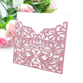 

Blush pink glitter paper wedding invitations laser cut