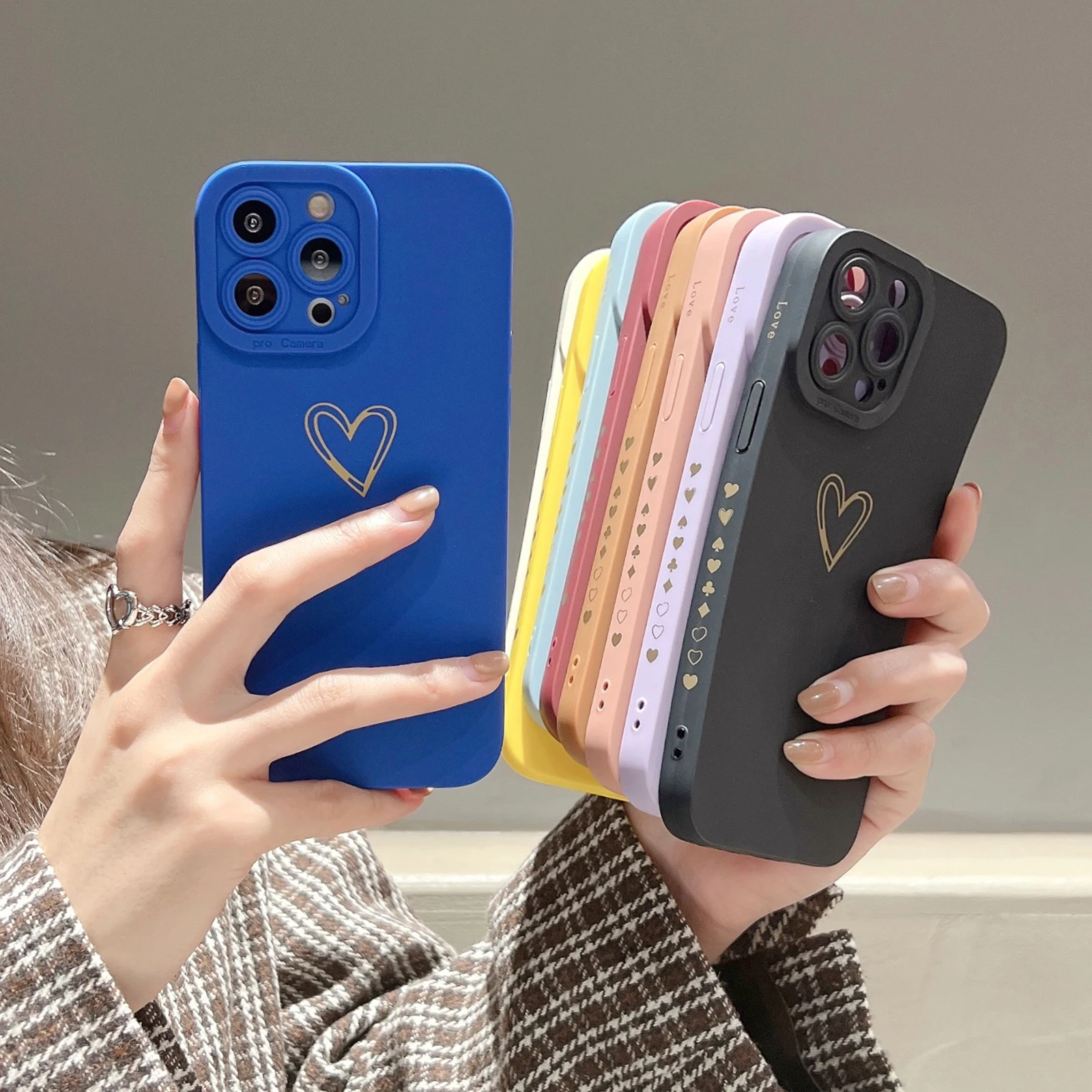 Gold Plating Heart Phone Case For iPhone 13 12 11 Pro Max XR XS X 7 8 Plus Soft Camera Protection Shockproof Bumper Cover |
