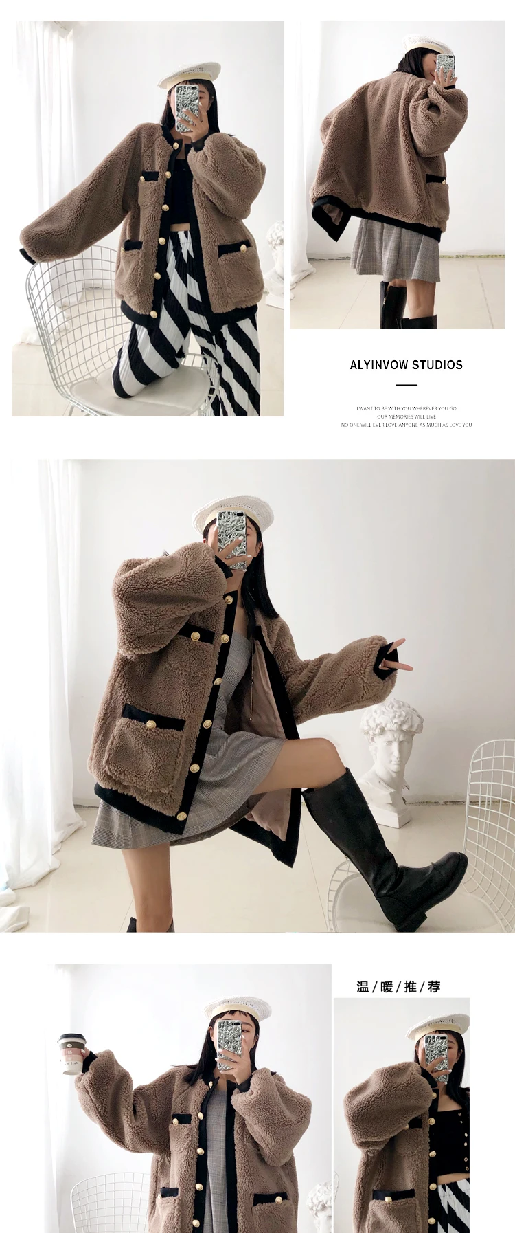 new autumn winter women single breasted loose faux fur coatsgolden buttons o-neck lamb wool jackets w1991