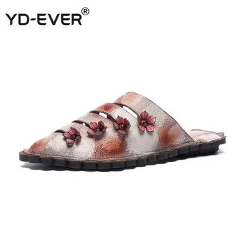 

Summer Women Shoes Genuine Leather Retro Style Slippers Lady Handmade Flowers Design Cover Toe Causal Flat Shoes