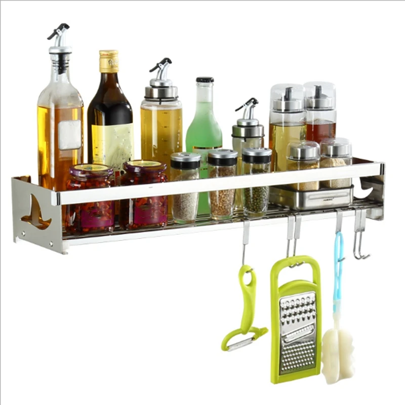 

304 Stainless Steel Kitchen Bathroom Wall Mounted Shelves with Hooks 50Cm Length Corner Shower Shelf Multifunction Storage Rack