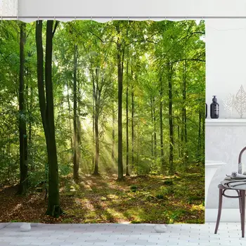 

Shower Curtain Set with Hooks 72x72 Oak Orange Autumn Dawn Green Magic Forest Birch Nature Trunk Parks Leaf Outdoor Design Rays