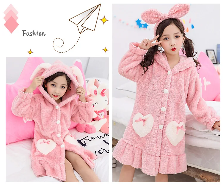 Girls' Pajamas Pink Cute Children Flannel Bathrobe Home Fleece Kids Sleepwear Autumn Winter Nightgown for Girls Robes elegant pajama sets